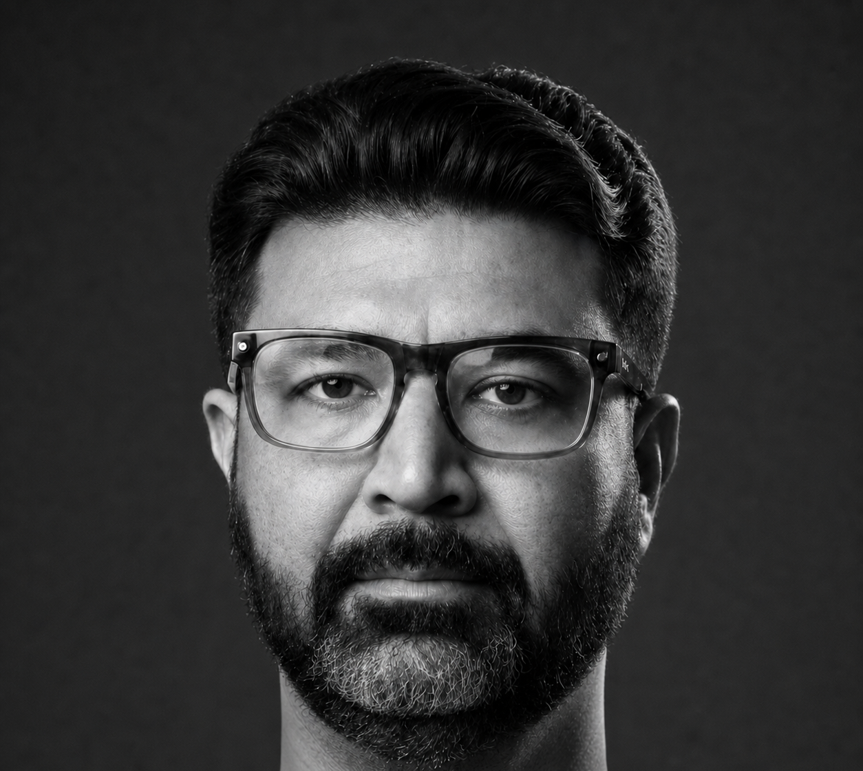Black-and-white portrait of Kunal Grover